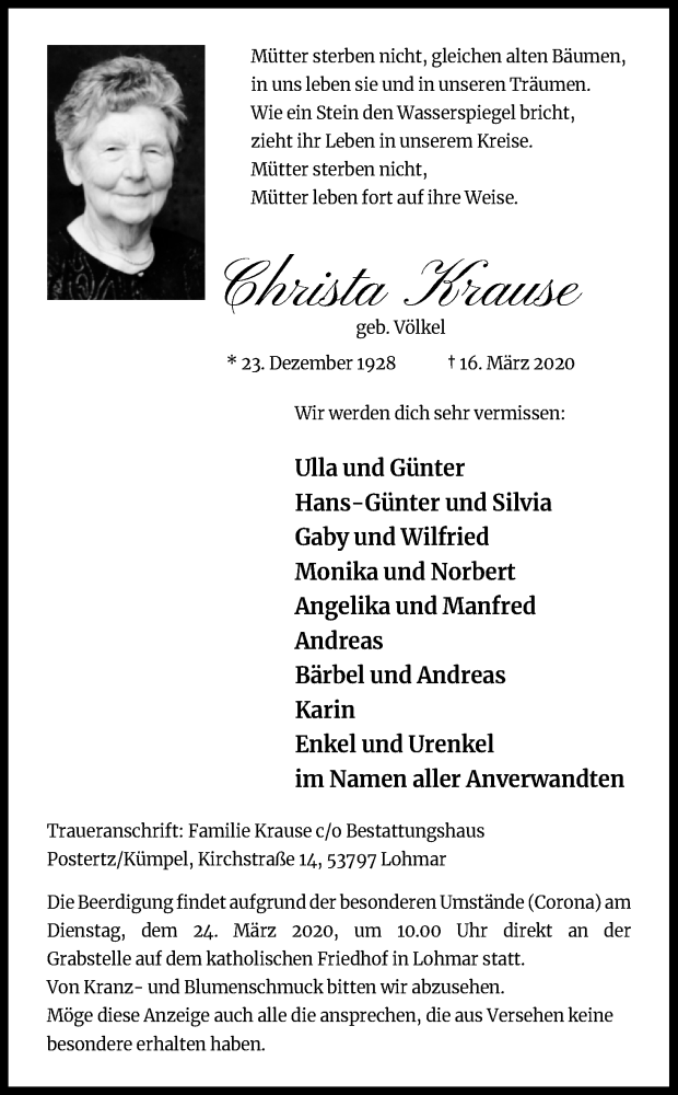  Traueranzeige für Christa Krause vom 21.03.2020 aus Kölner Stadt-Anzeiger / Kölnische Rundschau / Express