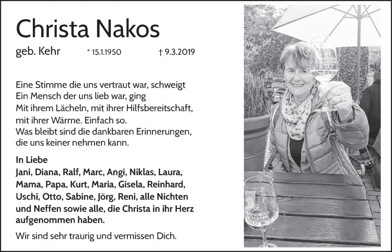  Traueranzeige für Christa Nakos vom 11.03.2020 aus  Schlossbote/Werbekurier 