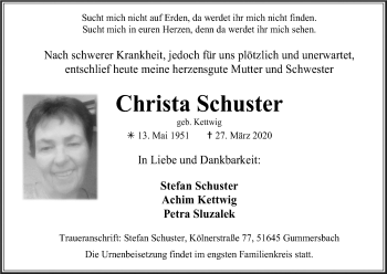 Anzeige von Christa Schuster von Kölner Stadt-Anzeiger / Kölnische Rundschau / Express
