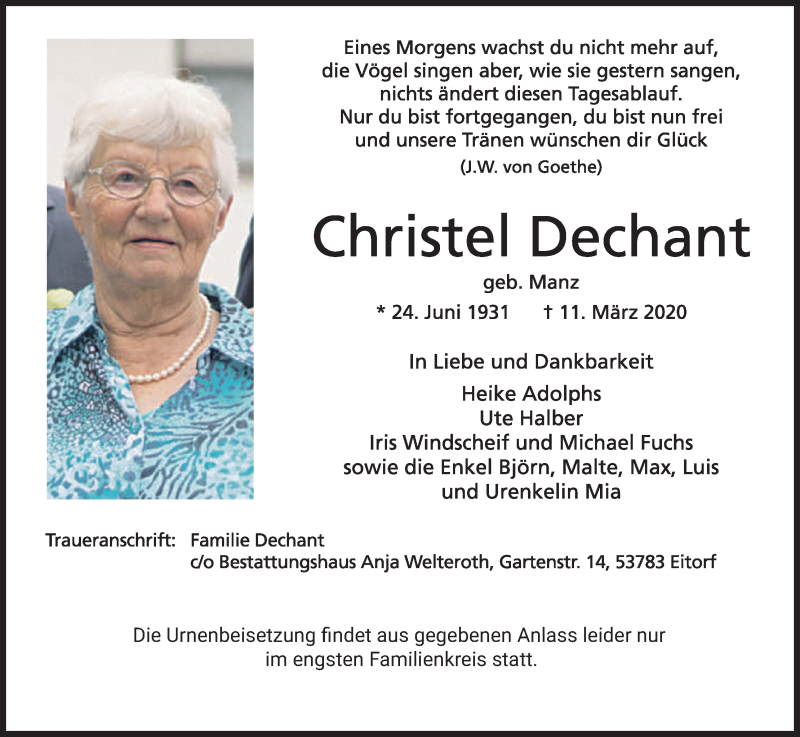  Traueranzeige für Christel Dechant vom 21.03.2020 aus Kölner Stadt-Anzeiger / Kölnische Rundschau / Express