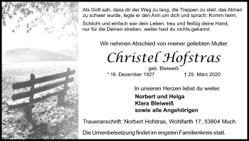 Anzeige von Christel Hofstras von Kölner Stadt-Anzeiger / Kölnische Rundschau / Express