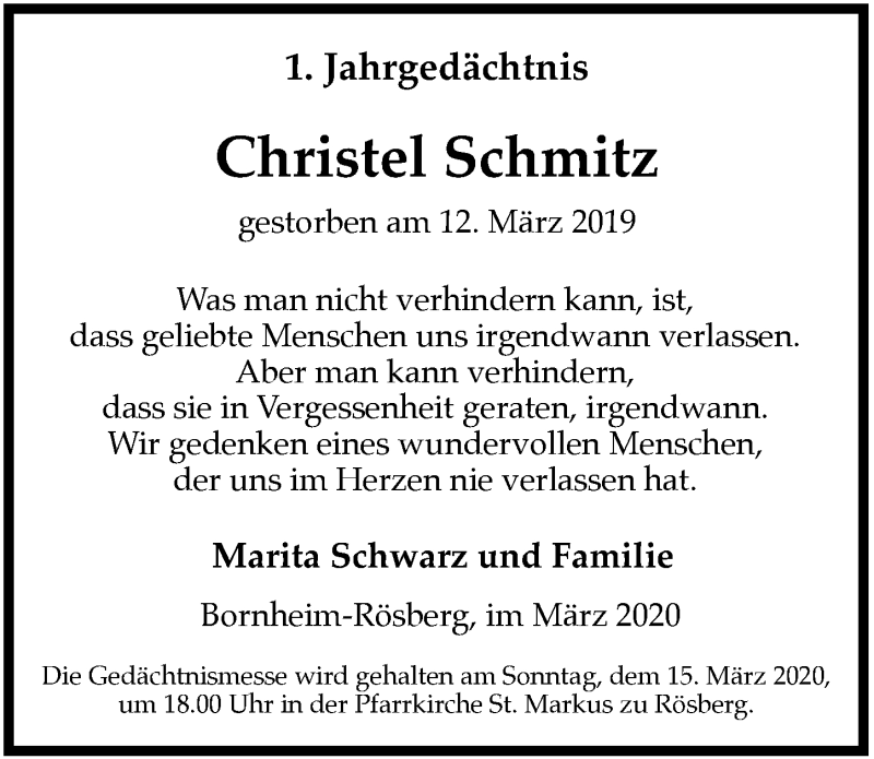  Traueranzeige für Christel Schmitz vom 11.03.2020 aus  Schaufenster/Blickpunkt 