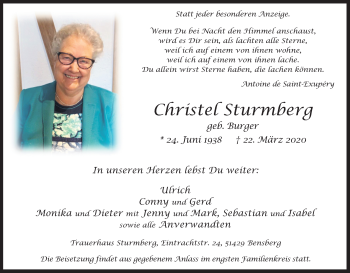Anzeige von Christel Sturmberg von Kölner Stadt-Anzeiger / Kölnische Rundschau / Express
