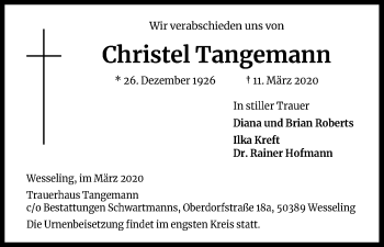 Anzeige von Christel Tangemann von Zeitungsgruppe Köln