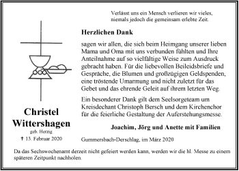 Anzeige von Christel Wittershagen von  Anzeigen Echo 