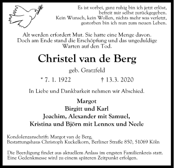Anzeige von Christel van de Berg von Kölner Stadt-Anzeiger / Kölnische Rundschau / Express