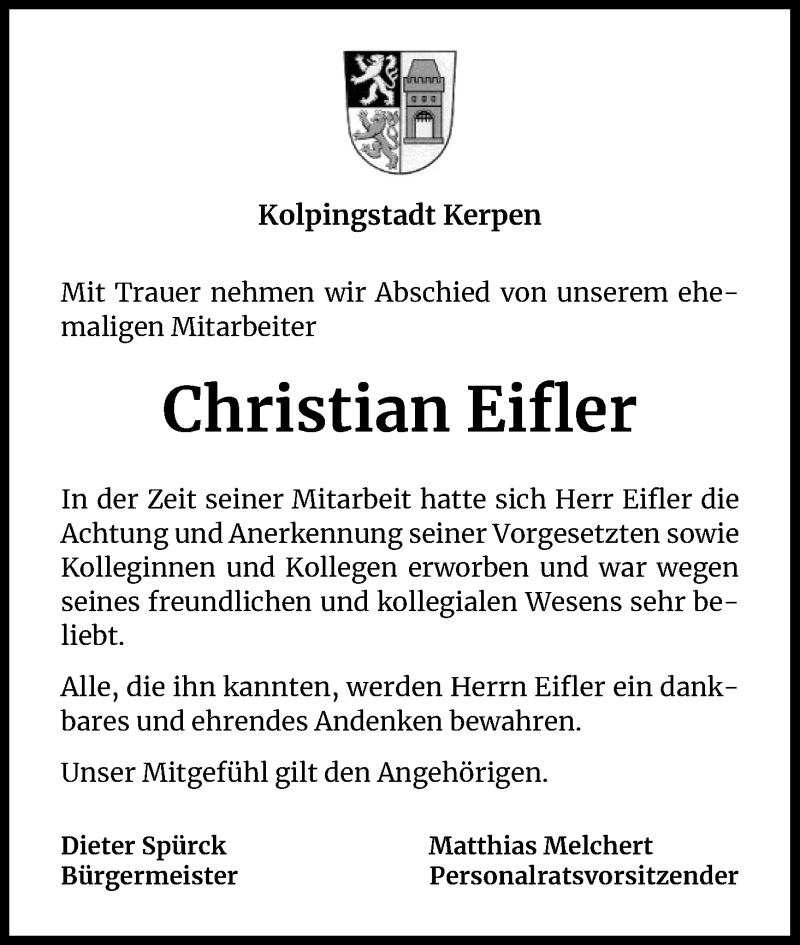  Traueranzeige für Christian Eifler vom 07.03.2020 aus Kölner Stadt-Anzeiger / Kölnische Rundschau / Express