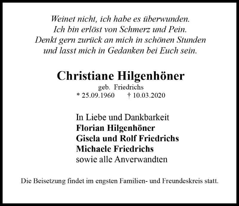  Traueranzeige für Christiane Hilgenhöner vom 21.03.2020 aus Kölner Stadt-Anzeiger / Kölnische Rundschau / Express
