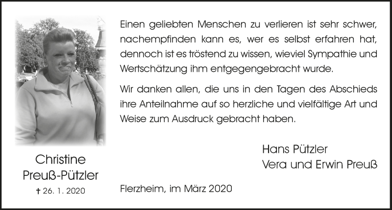 Traueranzeige für Christine Preuß-Pützler vom 18.03.2020 aus  Schaufenster/Blickpunkt 
