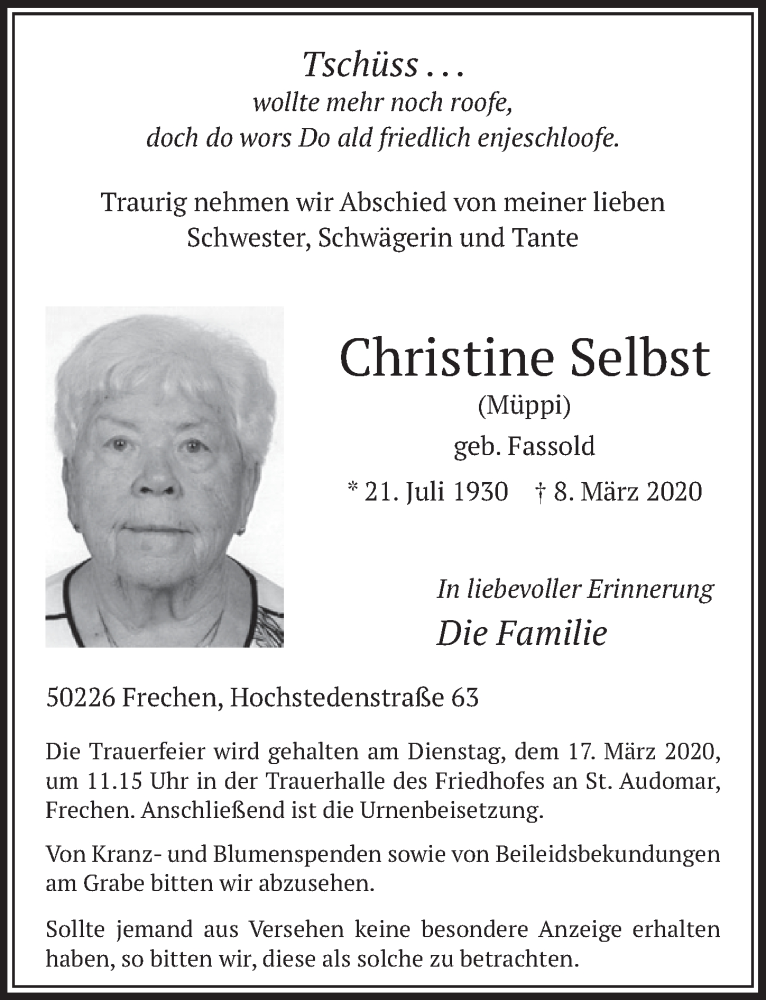  Traueranzeige für Christine Selbst vom 14.03.2020 aus  Sonntags-Post 
