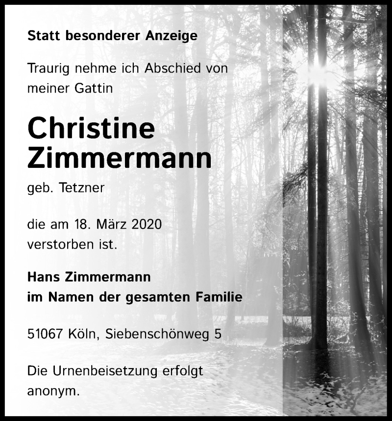  Traueranzeige für Christine Zimmermann vom 25.03.2020 aus Kölner Stadt-Anzeiger / Kölnische Rundschau / Express