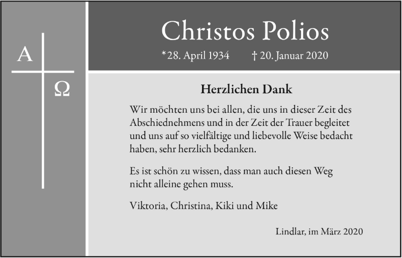  Traueranzeige für Christos Polios vom 11.03.2020 aus  Anzeigen Echo 