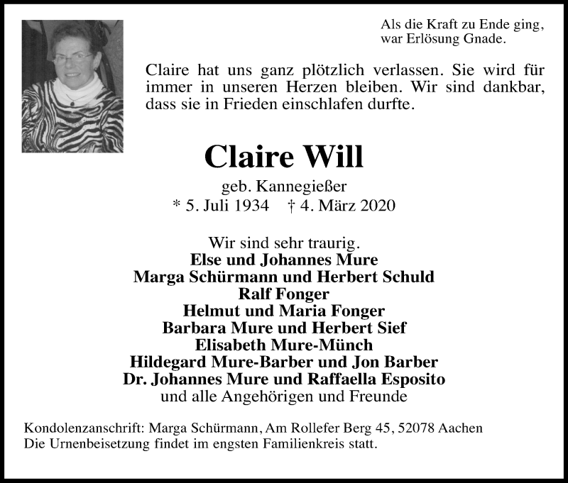  Traueranzeige für Claire Will vom 21.03.2020 aus Kölner Stadt-Anzeiger / Kölnische Rundschau / Express