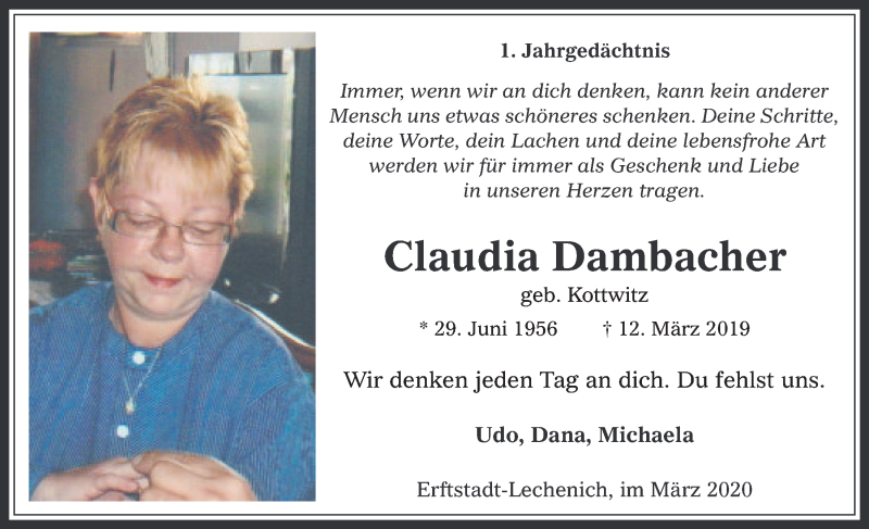  Traueranzeige für Claudia Dambacher vom 11.03.2020 aus  Werbepost 