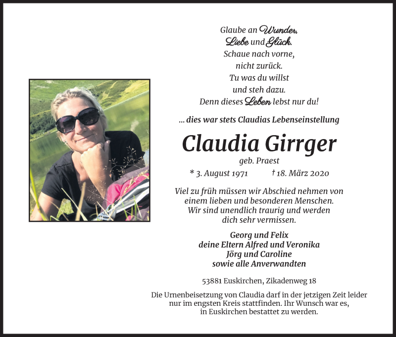  Traueranzeige für Claudia Girrger vom 28.03.2020 aus Kölner Stadt-Anzeiger / Kölnische Rundschau / Express