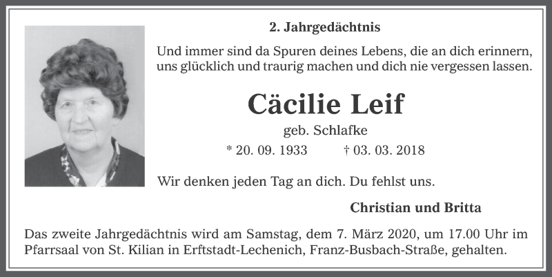  Traueranzeige für Cäcilie Leif vom 04.03.2020 aus  Werbepost 