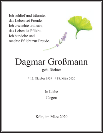 Anzeige von Dagmar Großmann von Kölner Stadt-Anzeiger / Kölnische Rundschau / Express