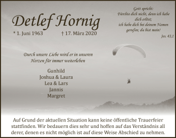 Anzeige von Detlef Hornig von  Anzeigen Echo  Lokalanzeiger 