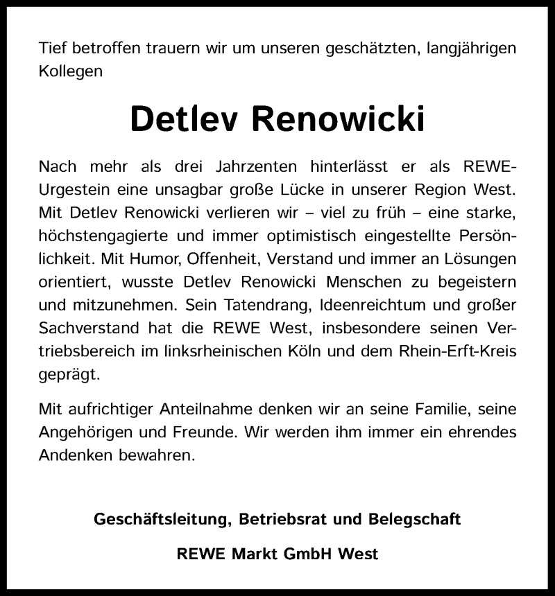  Traueranzeige für Detlev Renowicki vom 07.03.2020 aus Kölner Stadt-Anzeiger / Kölnische Rundschau / Express