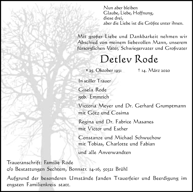  Traueranzeige für Detlev Stamm vom 21.03.2020 aus Kölner Stadt-Anzeiger / Kölnische Rundschau / Express