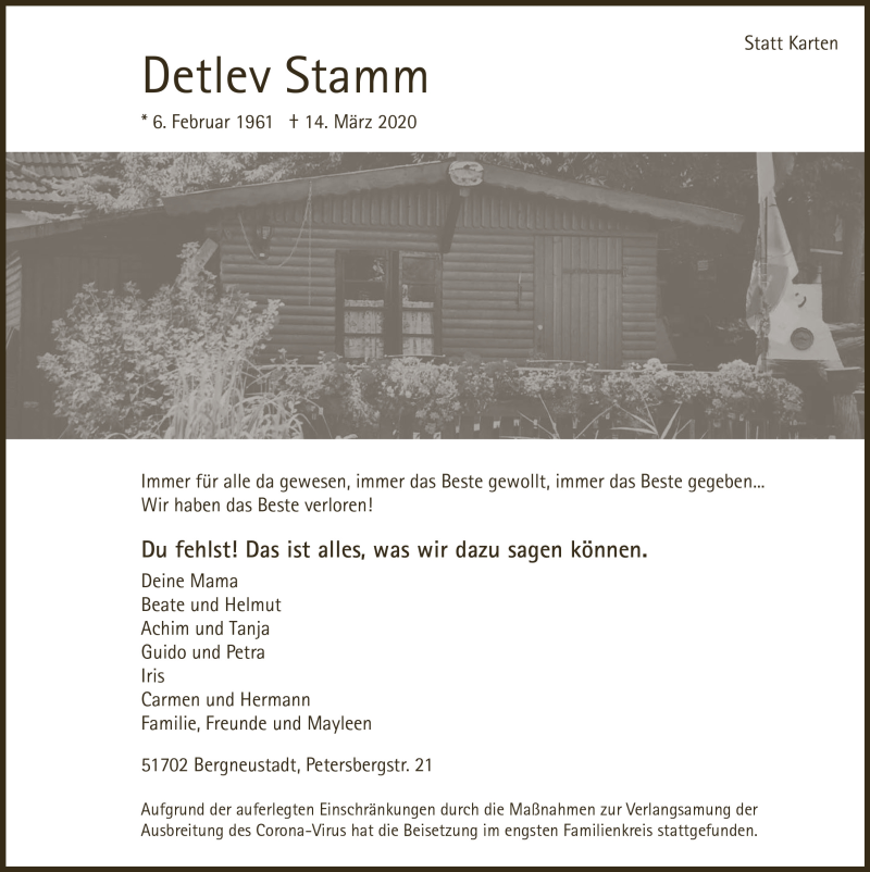  Traueranzeige für Detlev Stamm vom 27.03.2020 aus  Anzeigen Echo 