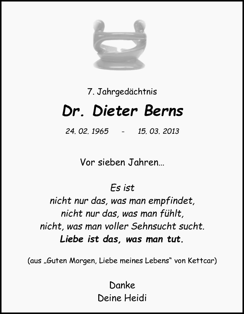  Traueranzeige für Dieter Berns vom 14.03.2020 aus Zeitungsgruppe Köln