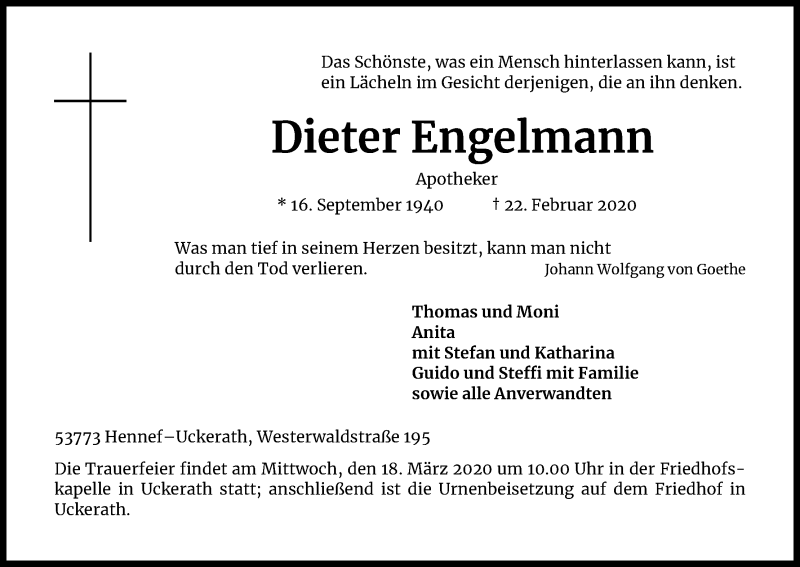  Traueranzeige für Dieter Engelmann vom 03.03.2020 aus Kölner Stadt-Anzeiger / Kölnische Rundschau / Express
