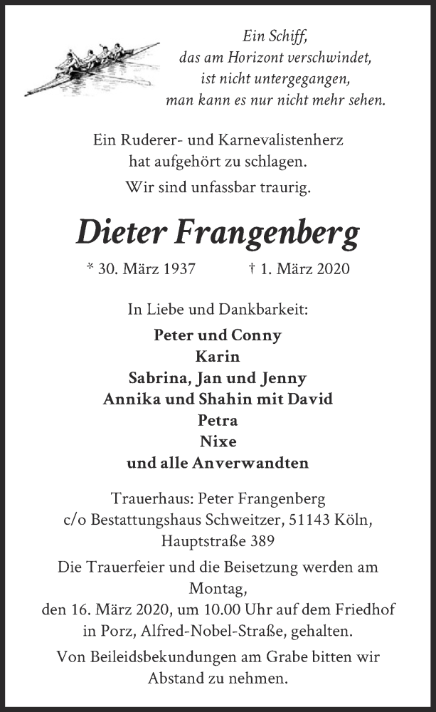  Traueranzeige für Dieter Frangenberg vom 11.03.2020 aus  Kölner Wochenspiegel 