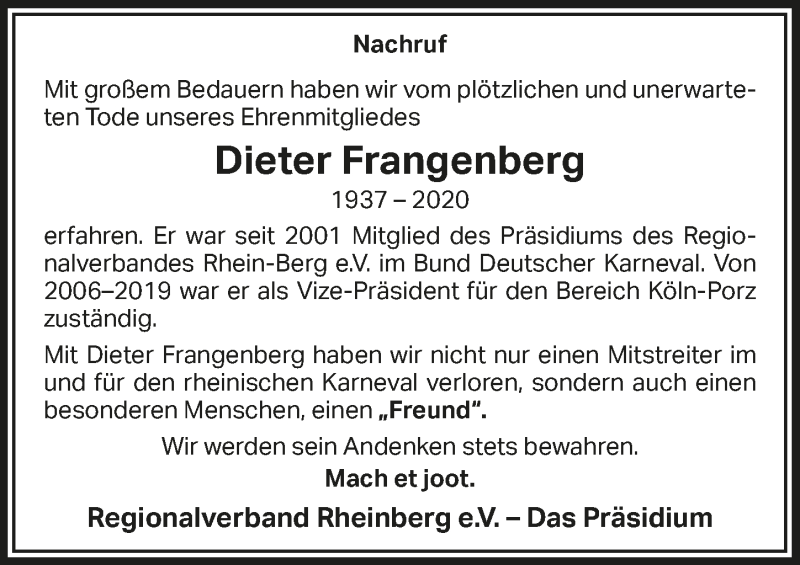  Traueranzeige für Dieter Frangenberg vom 14.03.2020 aus  Bergisches Sonntagsblatt  