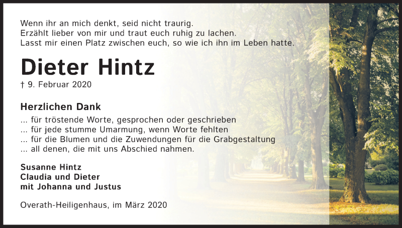  Traueranzeige für Dieter Hintz vom 07.03.2020 aus Kölner Stadt-Anzeiger / Kölnische Rundschau / Express