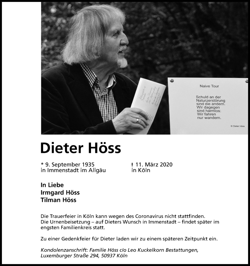  Traueranzeige für Dieter Höss vom 21.03.2020 aus Kölner Stadt-Anzeiger / Kölnische Rundschau / Express