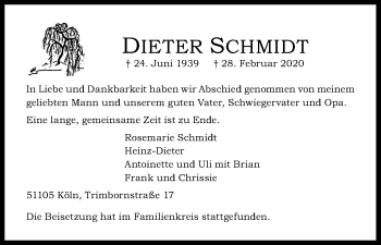 Anzeige von Dieter Schmidt von Kölner Stadt-Anzeiger / Kölnische Rundschau / Express