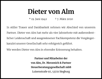 Anzeige von Dieter von Alm von Zeitungsgruppe Köln