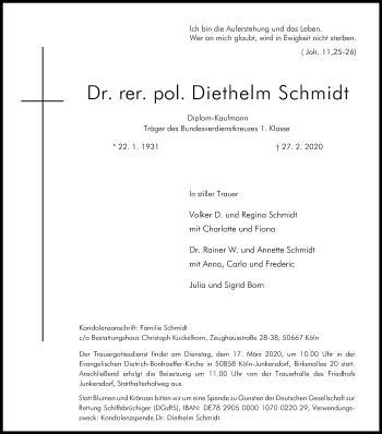 Anzeige von Diethelm Schmidt von Kölner Stadt-Anzeiger / Kölnische Rundschau / Express