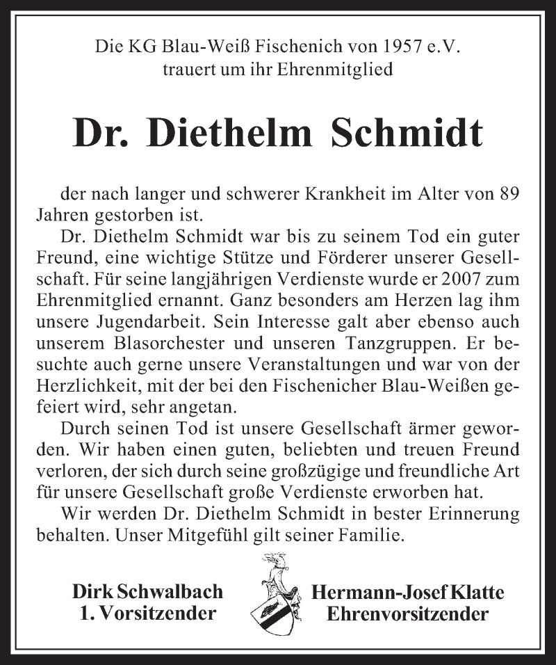  Traueranzeige für Diethelm Schmidt vom 11.03.2020 aus  Wochenende 