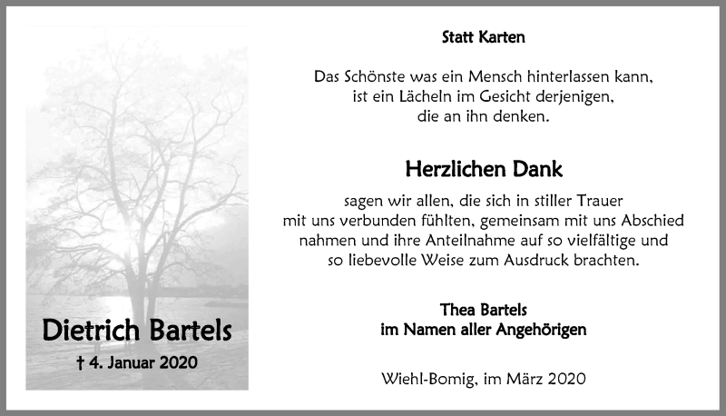  Traueranzeige für Dietrich Bartels vom 11.03.2020 aus  Anzeigen Echo 