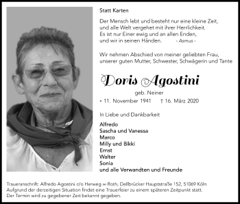 Anzeige von Doris Agostini von Kölner Stadt-Anzeiger / Kölnische Rundschau / Express