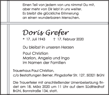 Anzeige von Doris Grefer von  Schlossbote/Werbekurier 