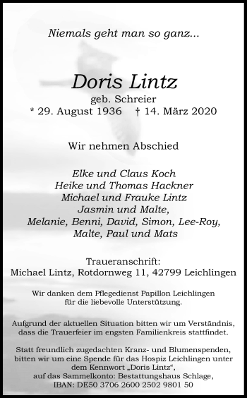 Anzeige von Doris Lintz von Kölner Stadt-Anzeiger / Kölnische Rundschau / Express