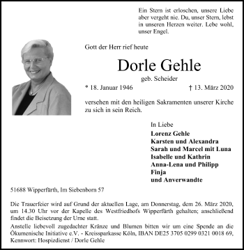 Anzeige von Dorle Gehle von Zeitungsgruppe Köln