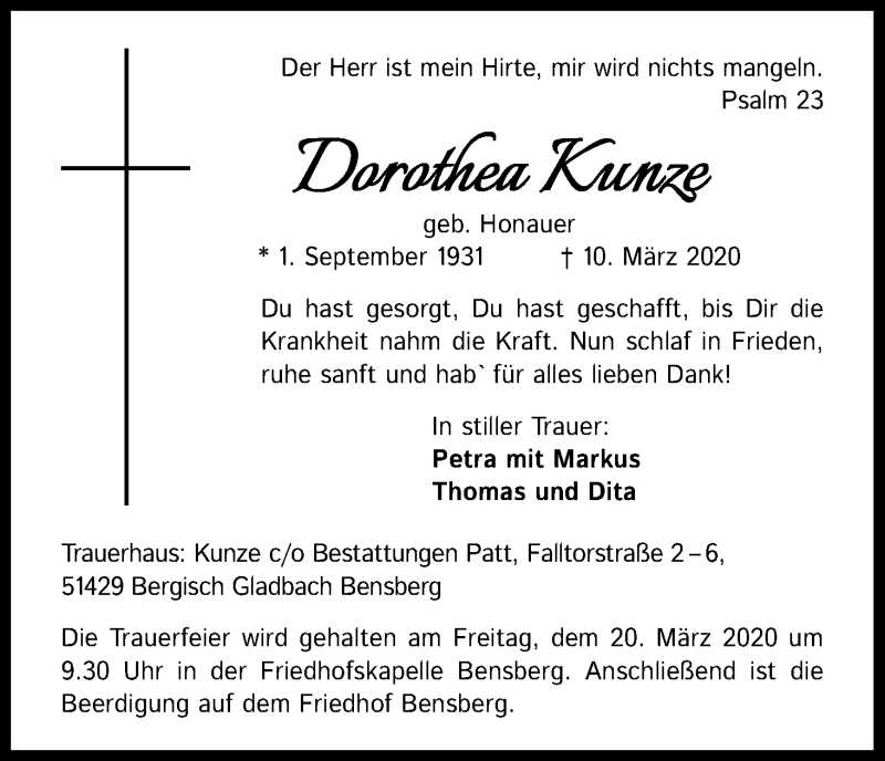  Traueranzeige für Dorothea Kunze vom 17.03.2020 aus Zeitungsgruppe Köln