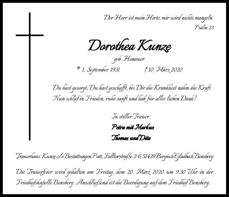  Traueranzeige für Dorothea Kunze vom 14.03.2020 aus Zeitungsgruppe Köln