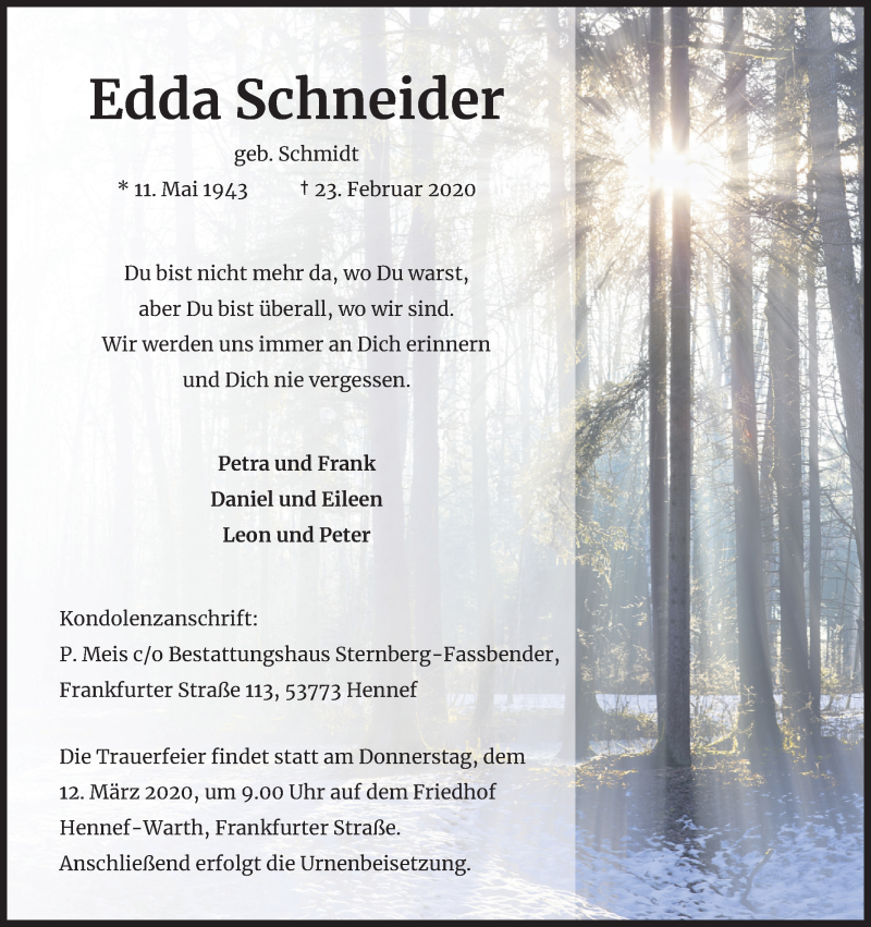  Traueranzeige für Edda Schneider vom 07.03.2020 aus Kölner Stadt-Anzeiger / Kölnische Rundschau / Express