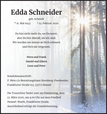 Anzeige von Edda Schneider von Kölner Stadt-Anzeiger / Kölnische Rundschau / Express