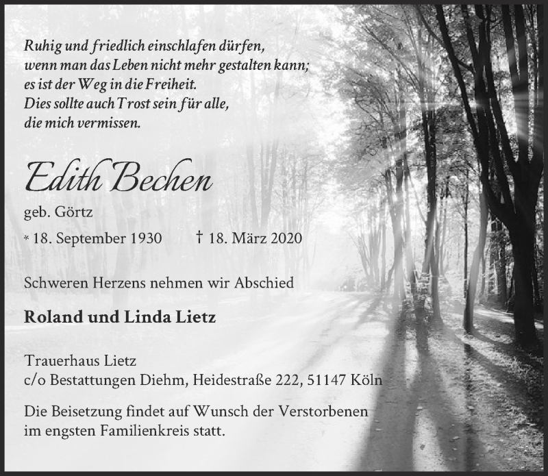  Traueranzeige für Edith Bechen vom 21.03.2020 aus  Bergisches Sonntagsblatt 