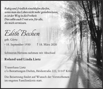 Anzeige von Edith Bechen von  Bergisches Sonntagsblatt 