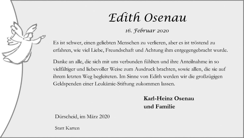  Traueranzeige für Edith Osenau vom 21.03.2020 aus Kölner Stadt-Anzeiger / Kölnische Rundschau / Express