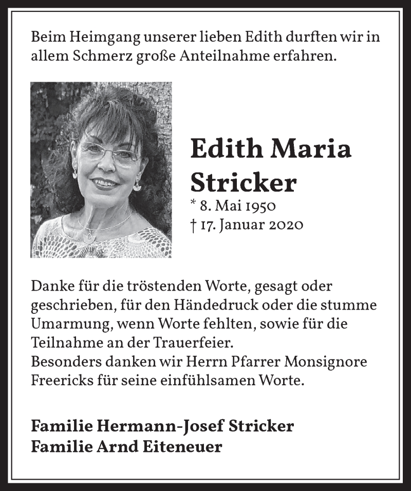  Traueranzeige für Edith Maria Stricker vom 11.03.2020 aus  Lokalanzeiger  Werbepost 