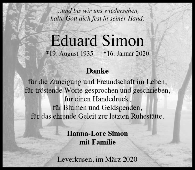  Traueranzeige für Eduard Simon vom 07.03.2020 aus  Leverkusener Wochenende 