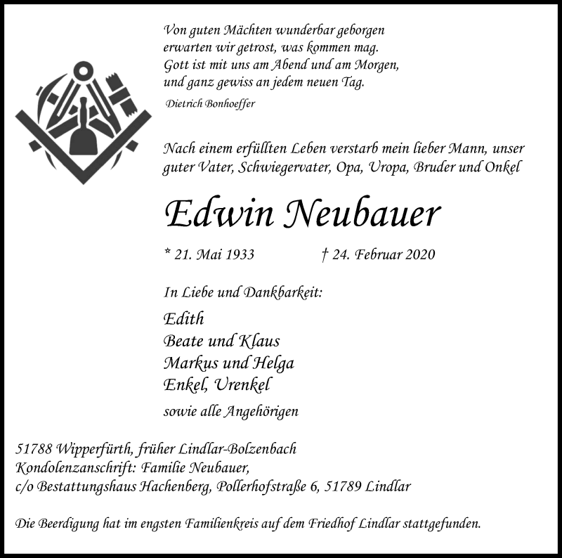  Traueranzeige für Edwin Neubauer vom 07.03.2020 aus Kölner Stadt-Anzeiger / Kölnische Rundschau / Express